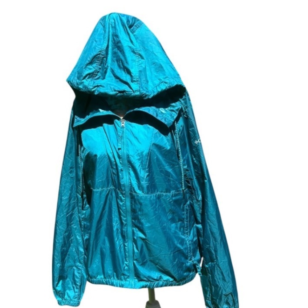 Columbia Teal Lightweight Hooded Windbreaker Rain Jacket Men's Medium Zipper Euc